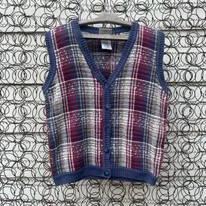 Vintage 90s Northern Reflections Plaid Knit Navy Maroon Beige Sweater Vest MED